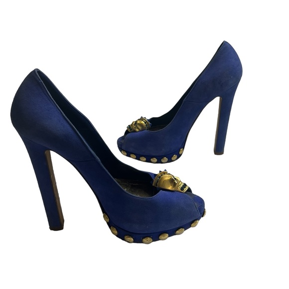 Alexander McQueen Blue Suede Skull Studded Platform Peep Heels 36 - Picture 3 of 12